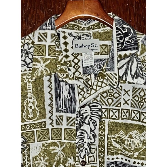 BISHOP ST SHIRT WHITE GREEN HAWAIIAN TIKI COTTON SHORT SLEEVE XL - Picture 1 of 4